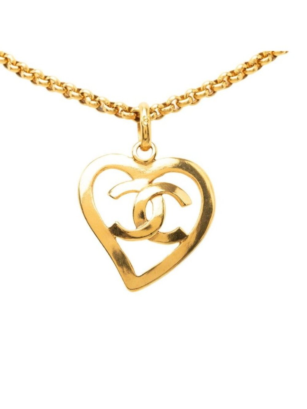 Chanel Vintage CC Logo Heart Motif Rogue Chain Necklace Gold Plated